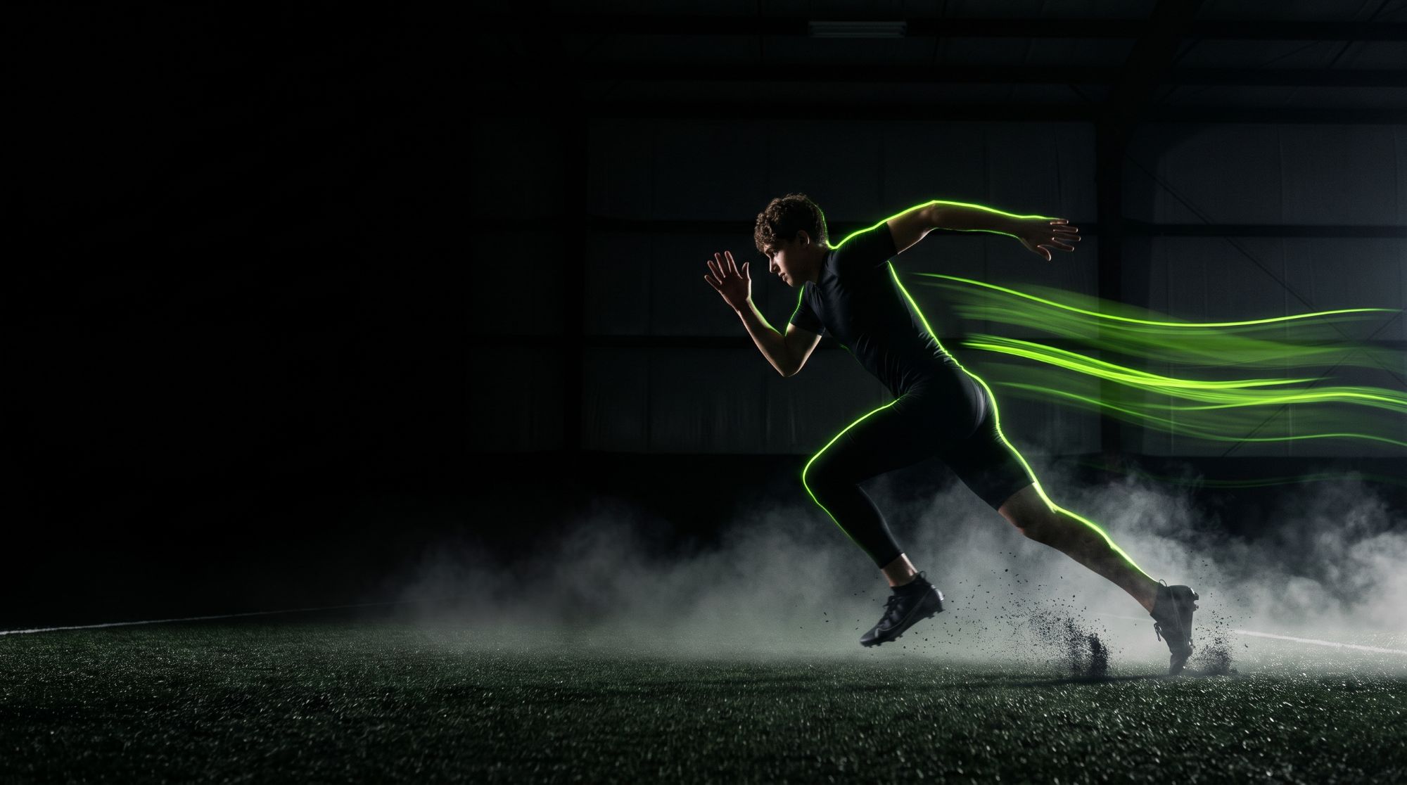 Athlete sprinting in a blacked-out training facility