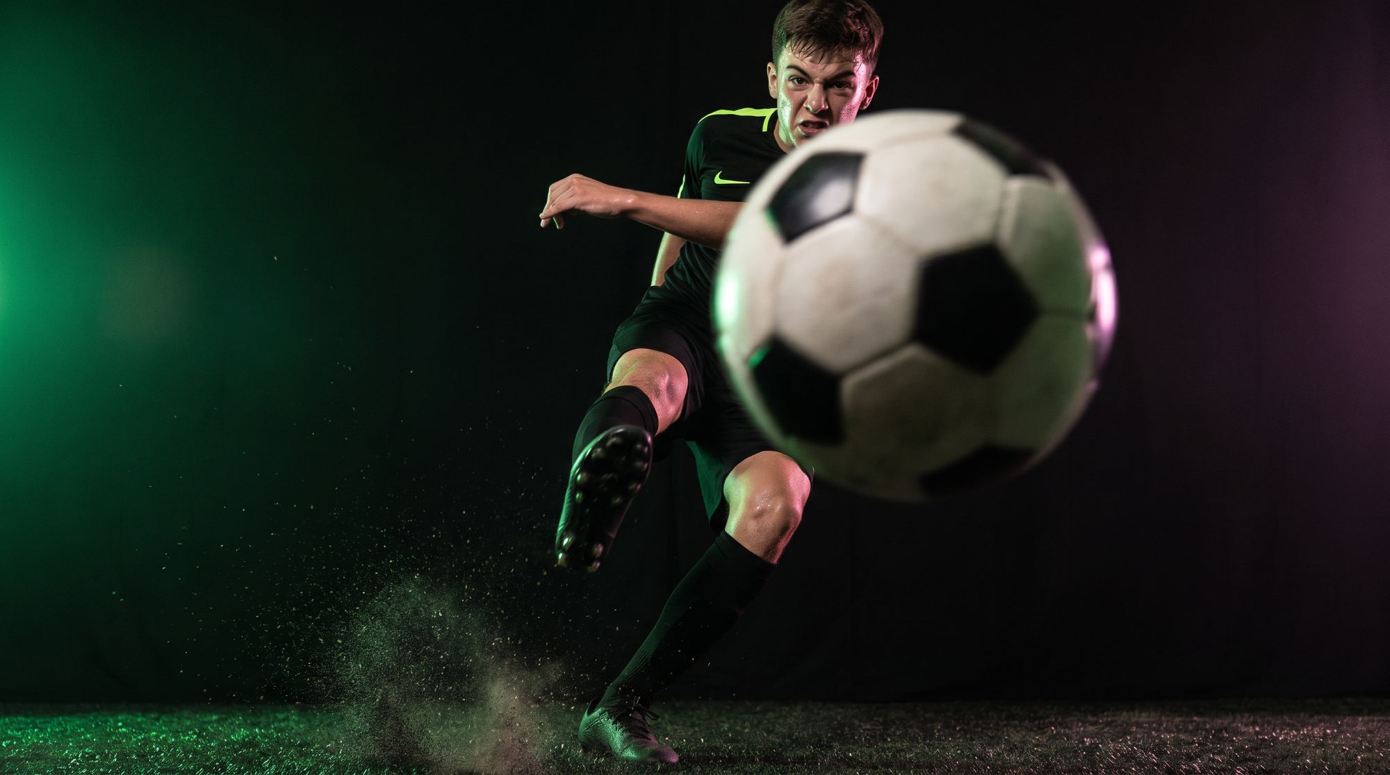 Soccer player striking a ball toward the camera