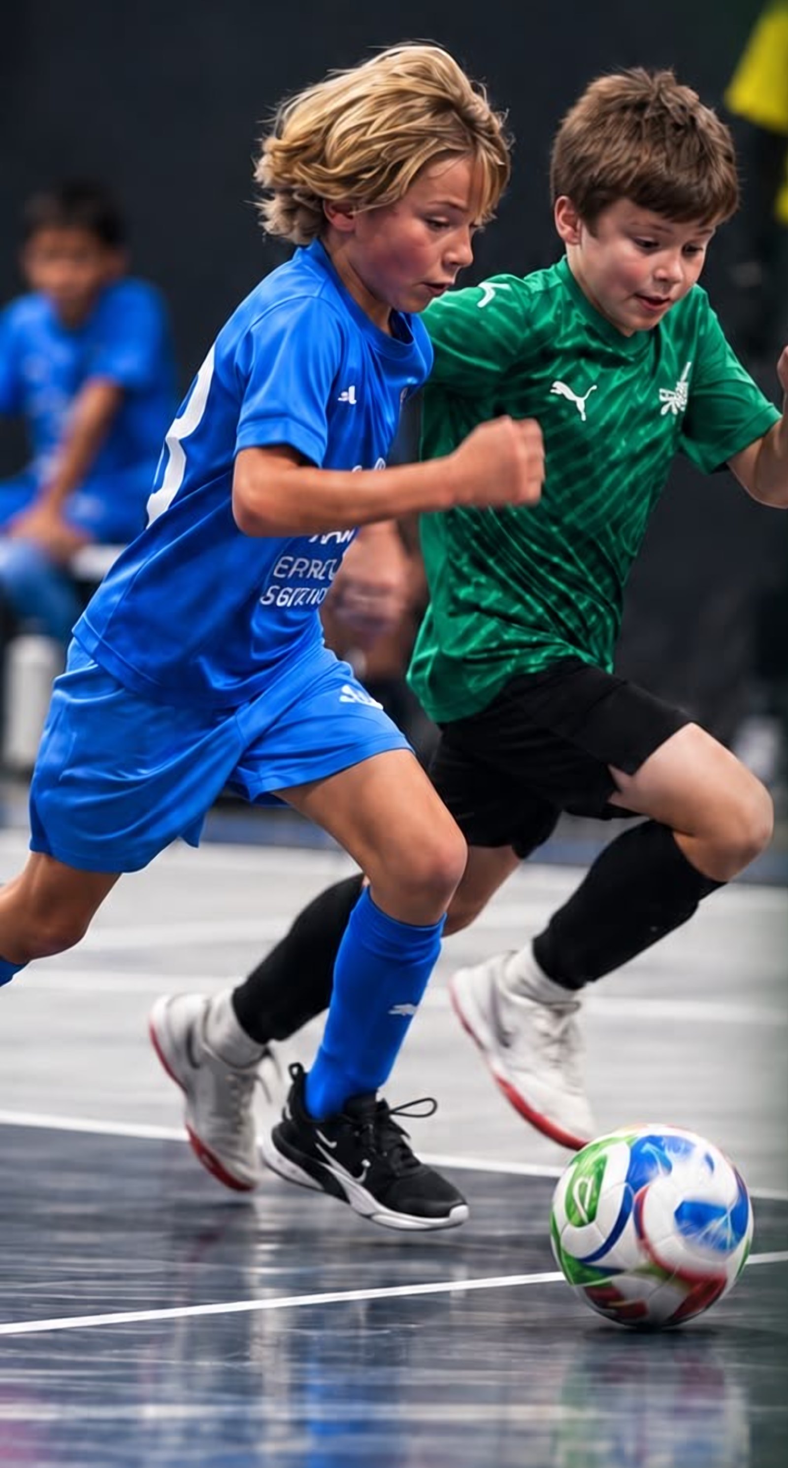 Two youth futsal players chasing the ball